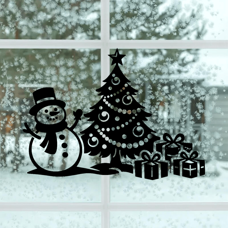 Sticker bonhomme de neige avec sapin et cadeaux.