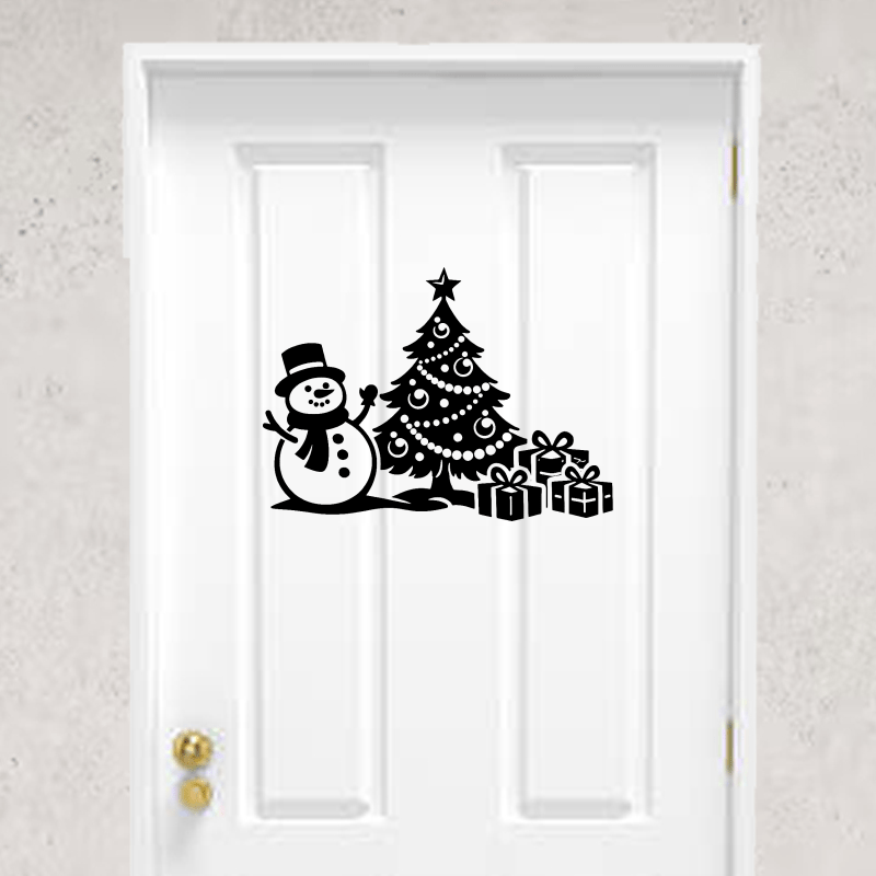 Sticker bonhomme de neige avec sapin et cadeaux. Porte