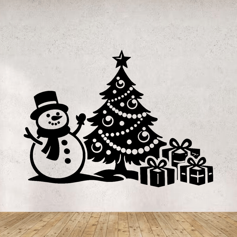 Sticker bonhomme de neige avec sapin et cadeaux. Salon