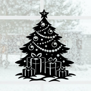 Sticker vinyle représentant un sapin de Noël avec des cadeaux.