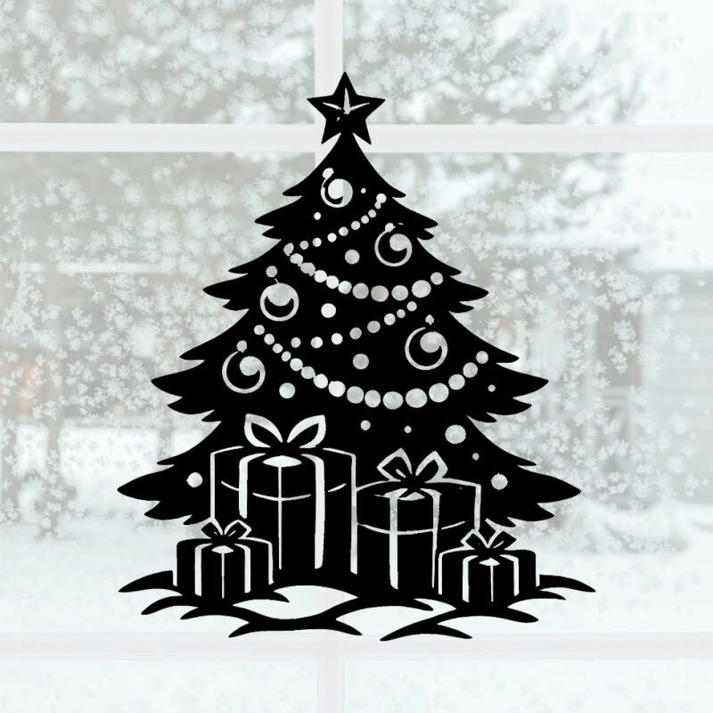 Sticker vinyle représentant un sapin de Noël avec des cadeaux.