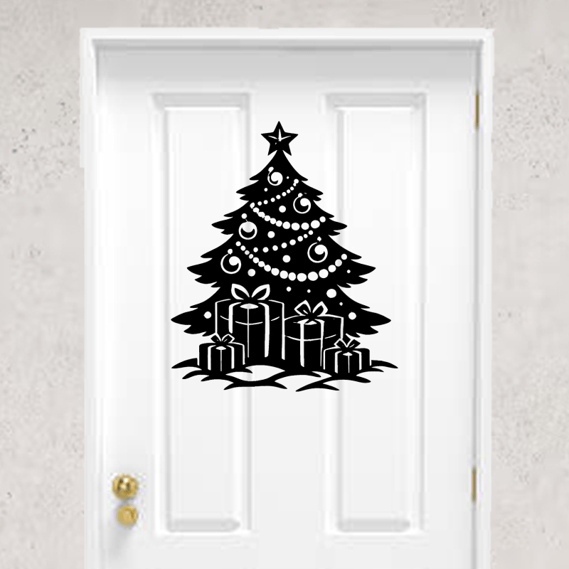 Sticker vinyle représentant un sapin de Noël avec des cadeaux. Porte
