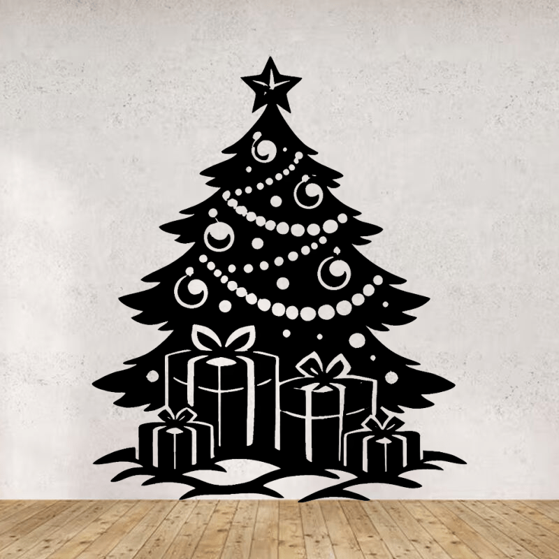 Sticker vinyle représentant un sapin de Noël avec des cadeaux. Salon