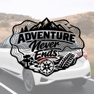 Sticker vinyle "Adventure Never Ends" pour véhicule