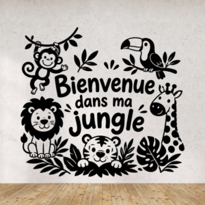 Sticker vinyle 'Bienvenue dans ma jungle' pour la chambre des enfants.