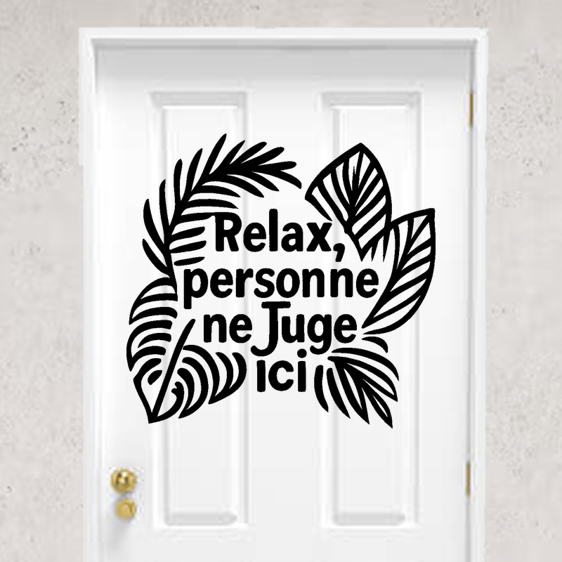 Élégant avec feuilles tropicales et texte “Relax, personne ne juge ici” - mockup autocollant vinyle