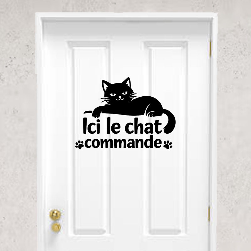 Sticker vinyle "Ici le chat commande" pour boîte aux lettres Porte