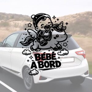 Bébé à bord avec un bébé sur une licorne - aperçu sur vitre de voiture