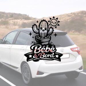 Bébé à bord avec un cactus souriant - aperçu sur vitre de voiture
