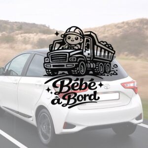 Bébé à bord avec un camion benne - aperçu sur vitre de voiture
