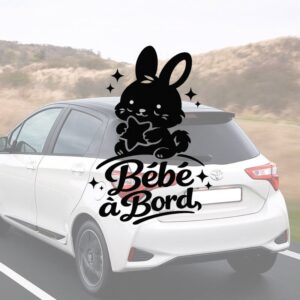 Bébé à bord avec un lapin mignon - aperçu sur vitre de voiture