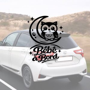 Bébé à bord avec une chouette et lune - aperçu sur vitre de voiture